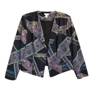 CHICO'S Black Purple Paisley Moto Bolero Box Cut Jacket/Blazer Women Sz 2  Large